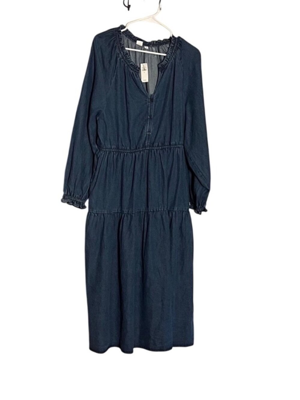 Gap Womens L Long-Sleeve Tiered Denim Maxi Dress In Medium Wash cotton new tags